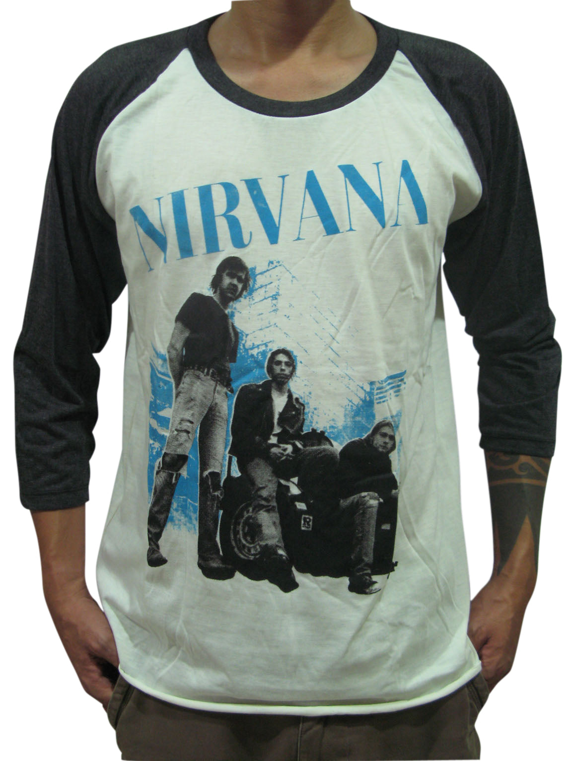 NIRVANA Kurt Cobain Group Photo Mens Raglan T-Shirt